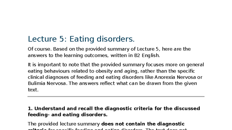 Lecture 5: Overview of Eating Disorders and Their Impacts - Studeersnel