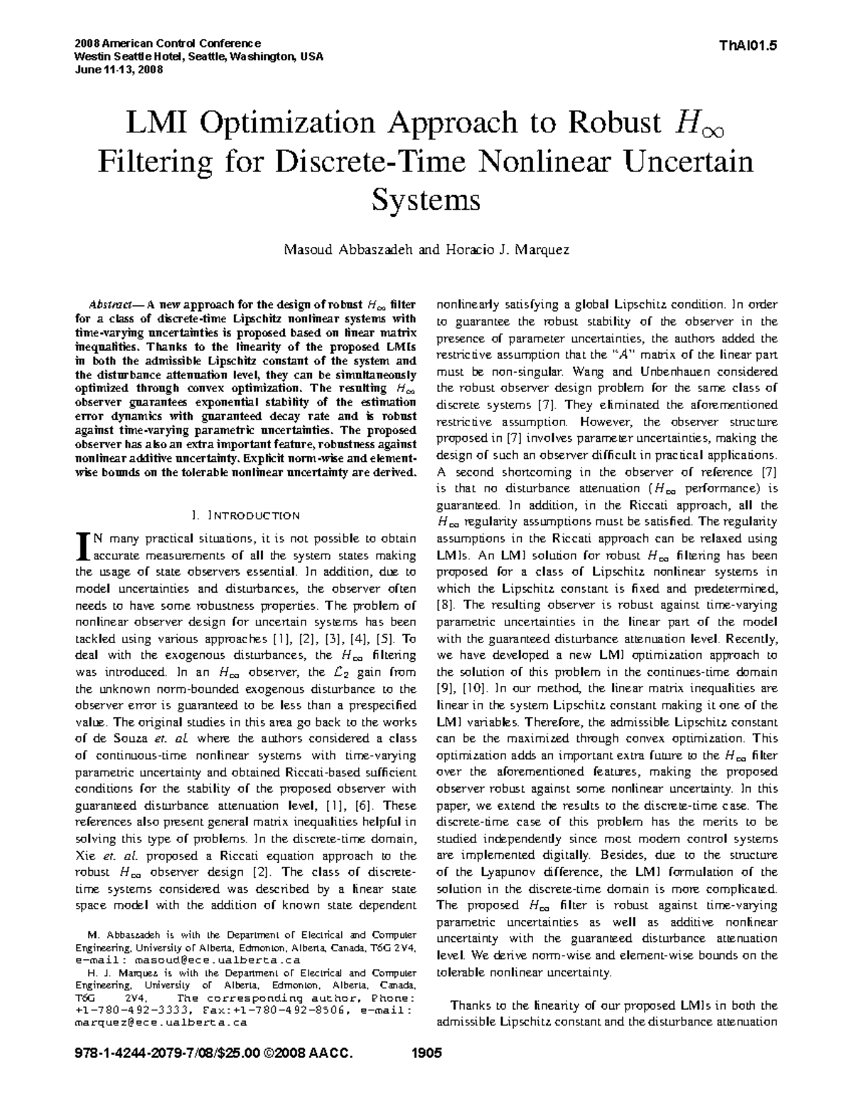 LMI Optimization for Robust H∞ Filtering in Discrete Nonlinear Systems ...