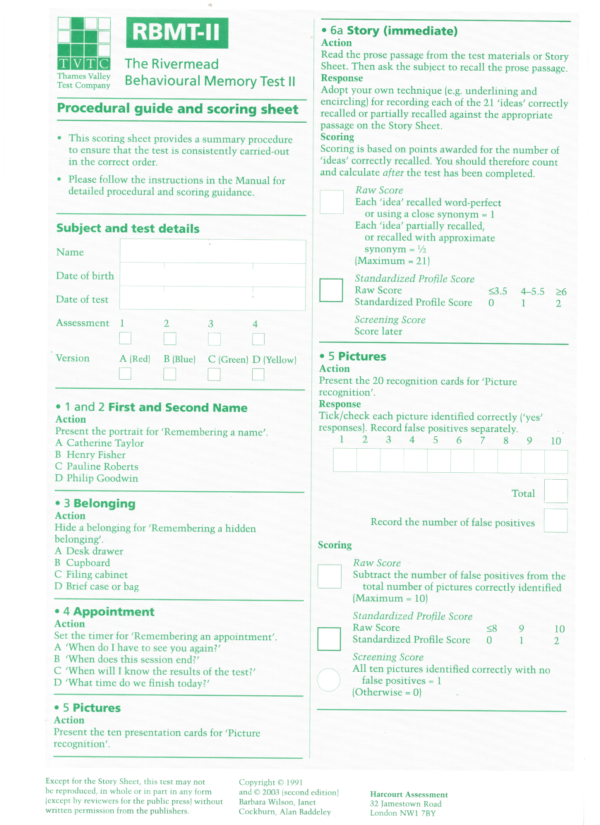 RBMT-2 Behavioural Memory Test II Procedural Guide and Scoring Sheet ...