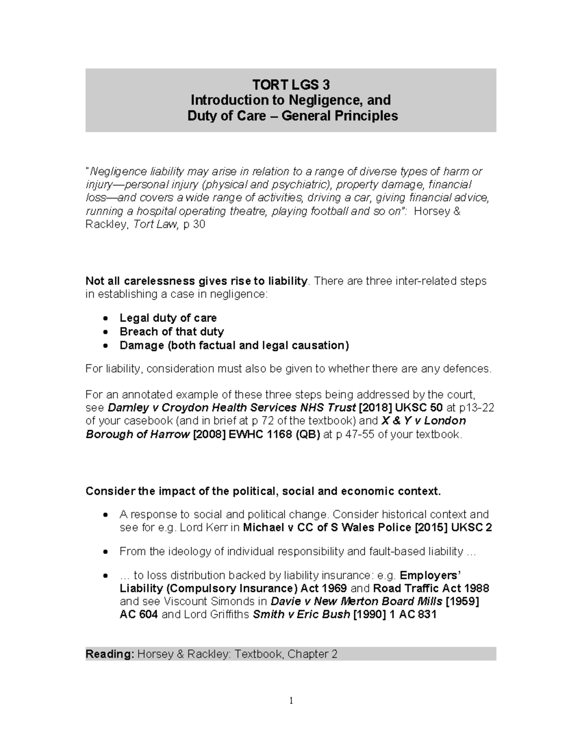 LGS3 - Intro to Negligence, Duty of Care handout - TORT LGS 3 ...