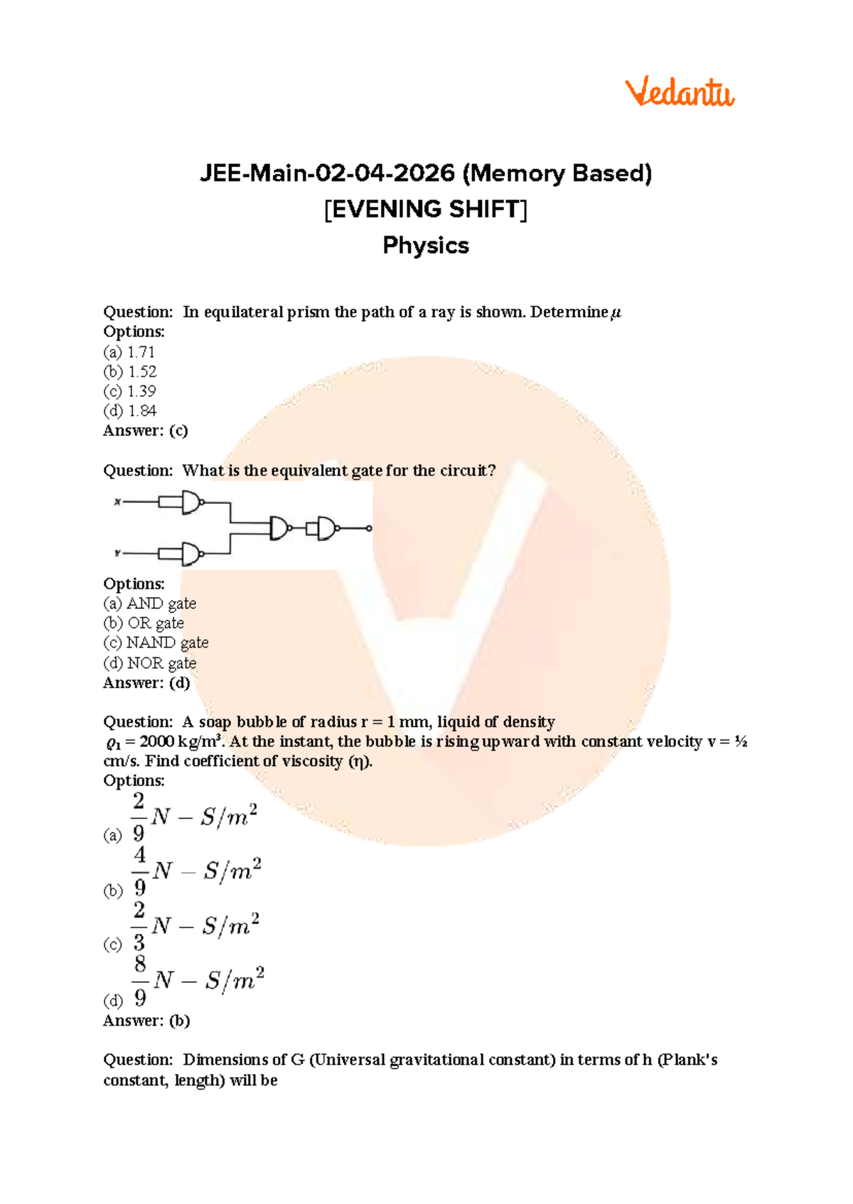 JEE Main 2026 April 2 Shift 2 Physics & Chemistry Question Paper - Studocu