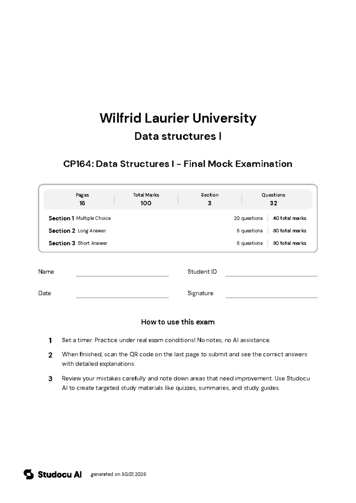 CP164: Data Structures I - Final Mock Exam - Studocu