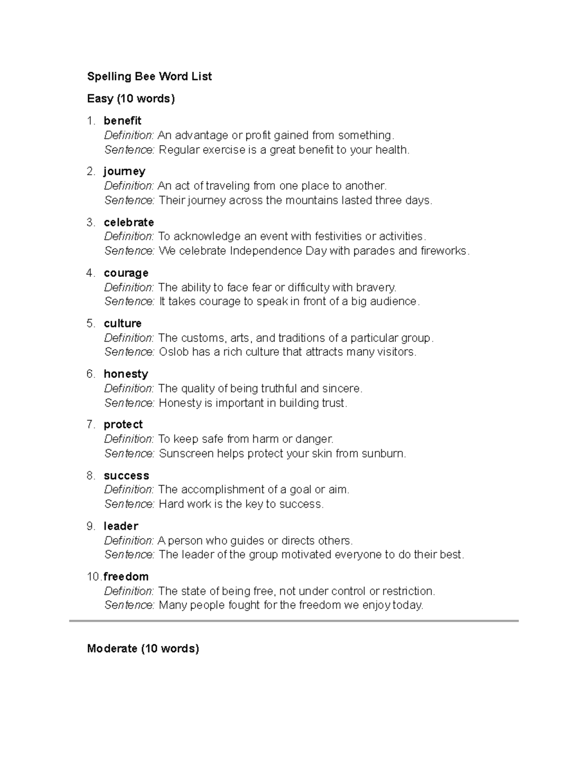 Spelling Bee Word List: Easy, Moderate, and Hard Levels - Studocu