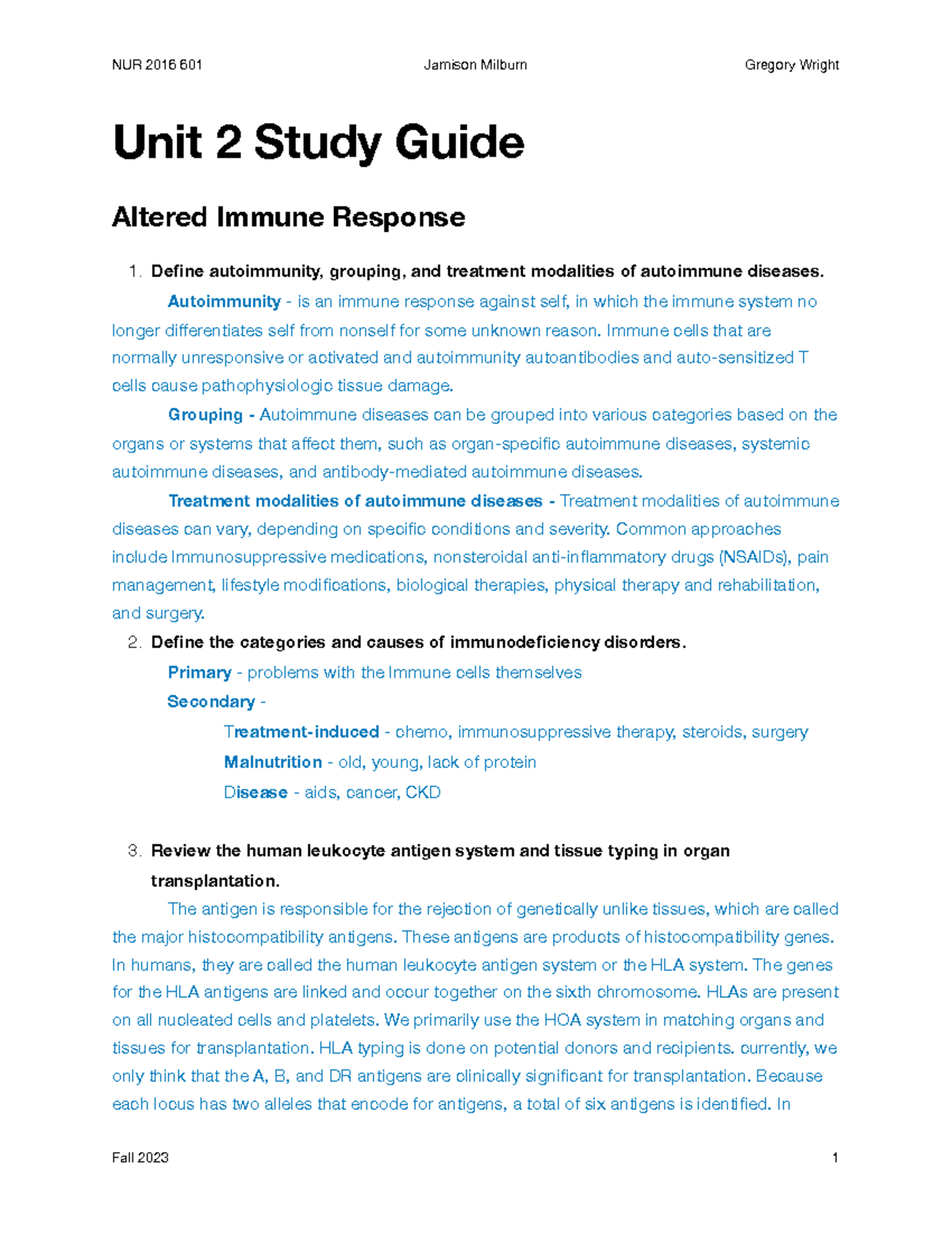 Unit 2 Study Guide: Immunology Insights and Autoimmune Disorders - Studocu