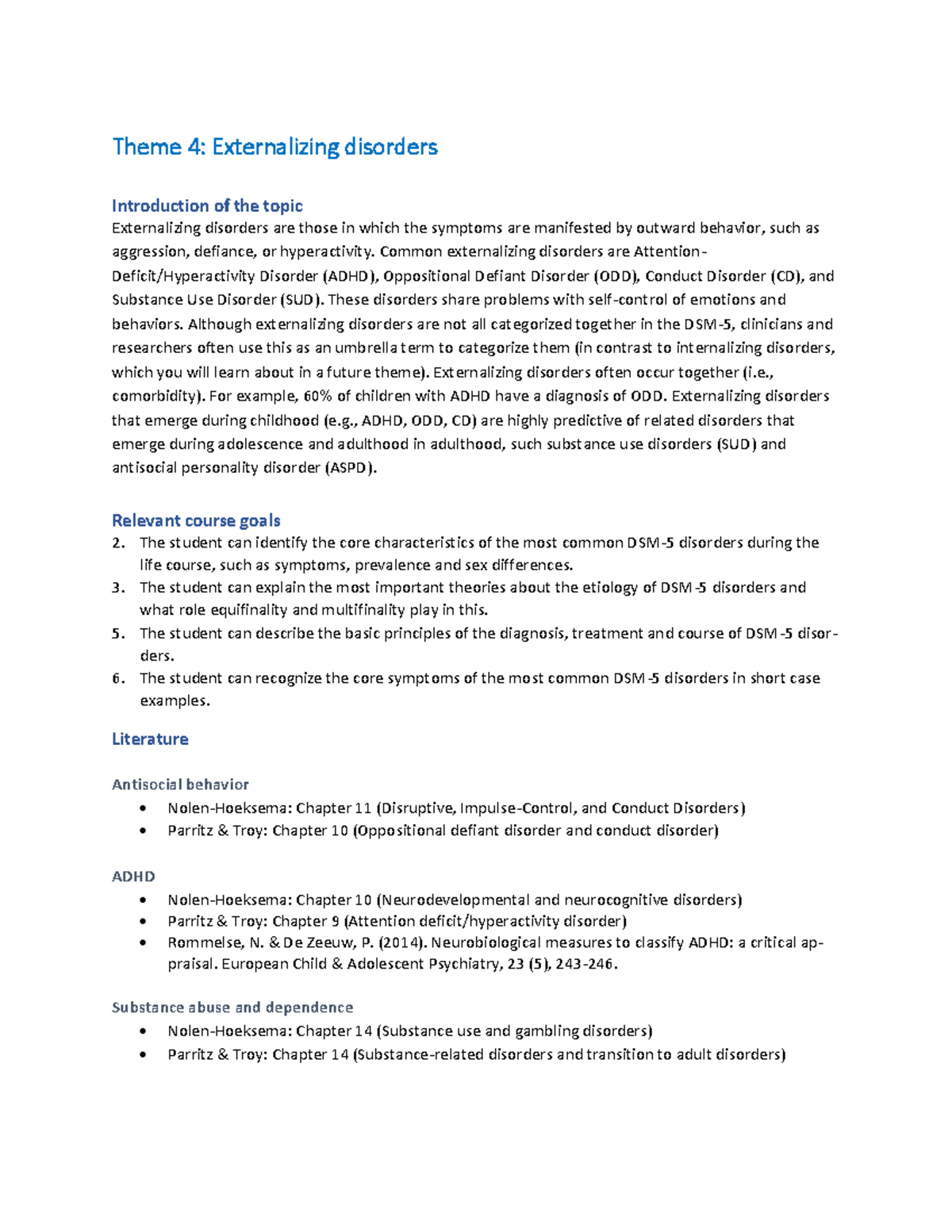 Theme 4: Externalizing Disorders - Tutorials 7, 8, 9 Overview - Studeersnel