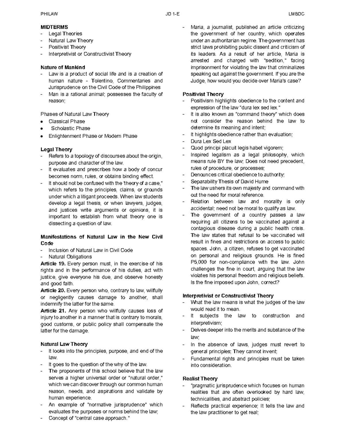 PHILAW MIDTERMS: Legal Theories and Natural Law Perspectives - Studocu