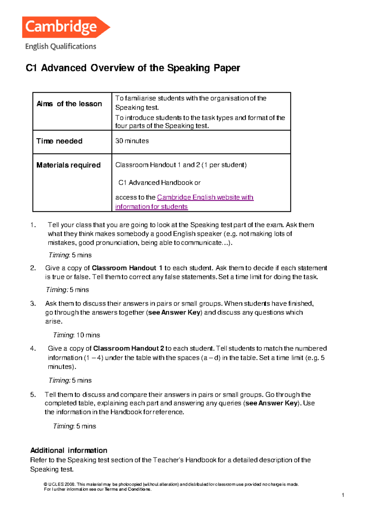 C1 Advanced Speaking Test Overview and Preparation Guide - Studocu