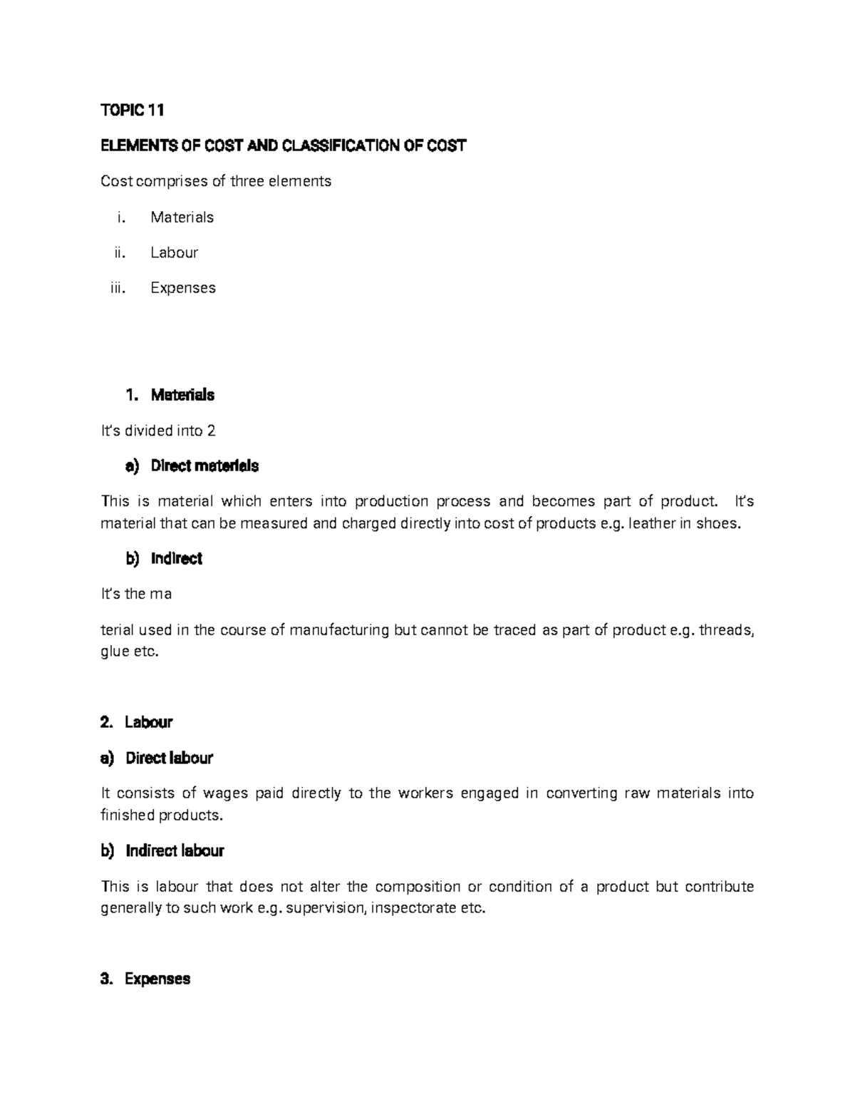 Topic 11: Elements of Cost and Classification of Cost - Studocu