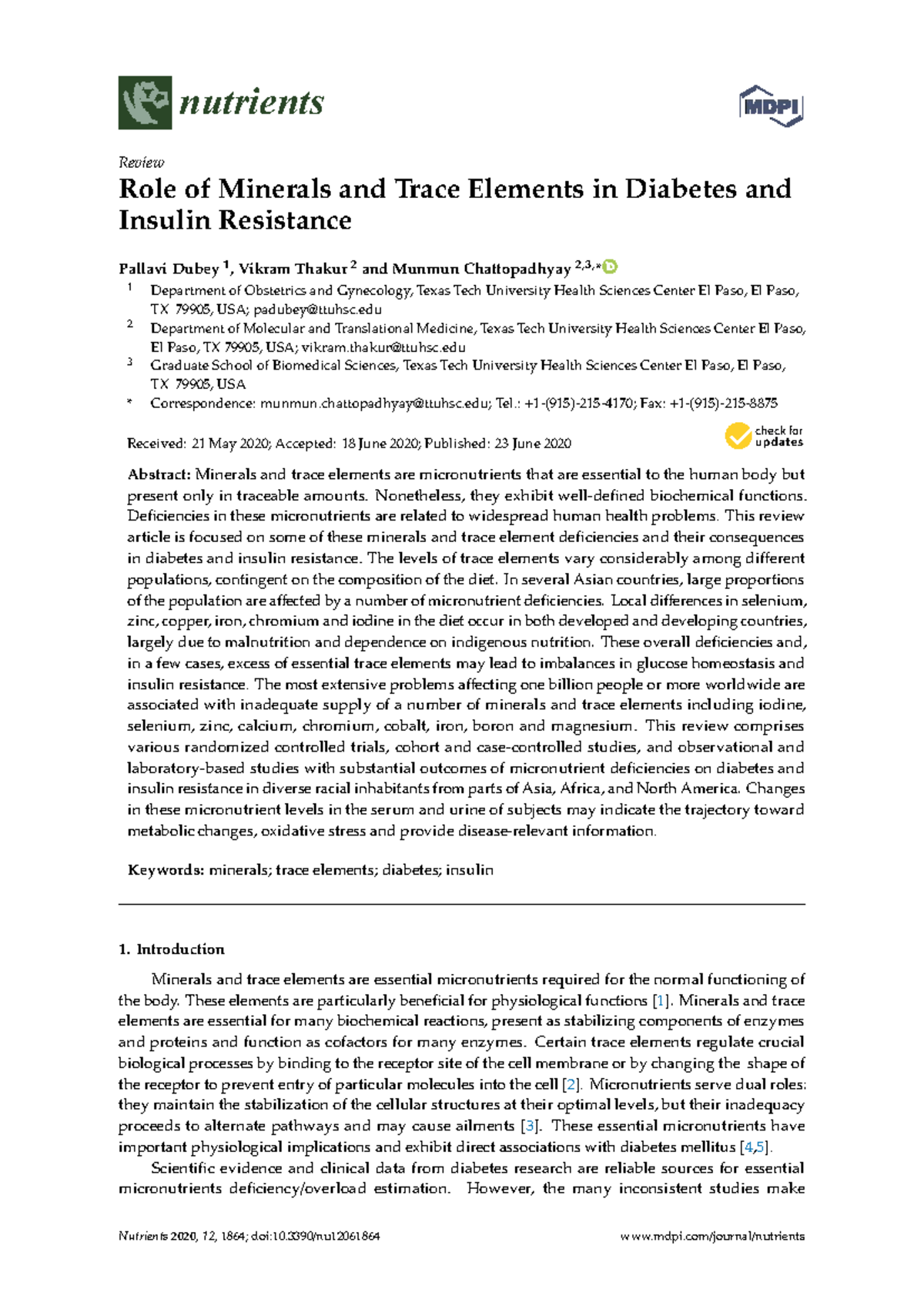 Nutrients Review: Role of Minerals & Trace Elements in Diabetes (NUTR ...