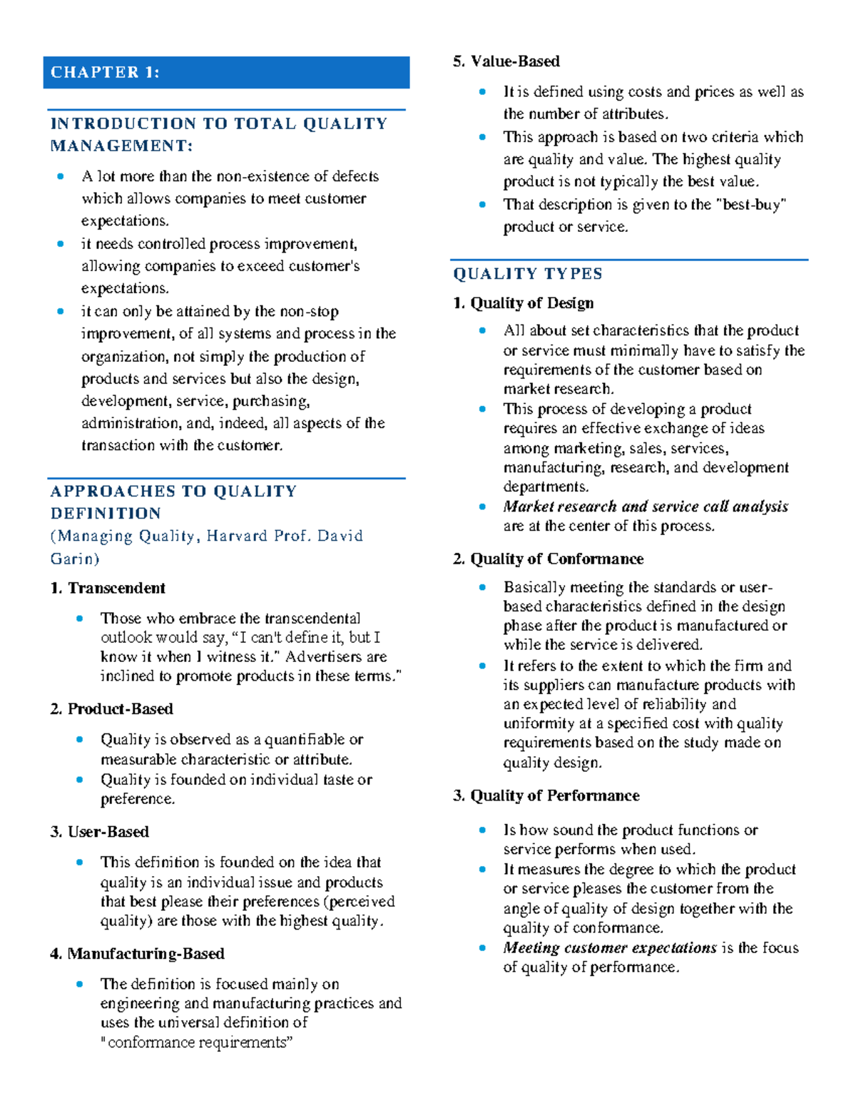 Chapter 1: An Introduction to TQM - Total Quality Management - Studocu