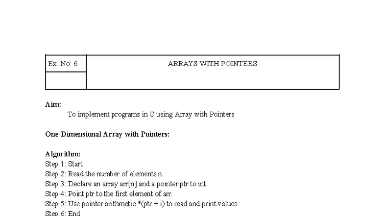 Ex. No: 6 C Programming - Arrays with Pointers Implementation - Studocu