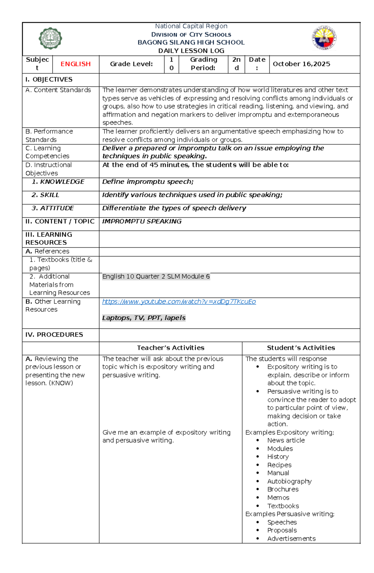 Impromptu Speaking Lesson Plan - English 10 (Quarter 2) - Studocu