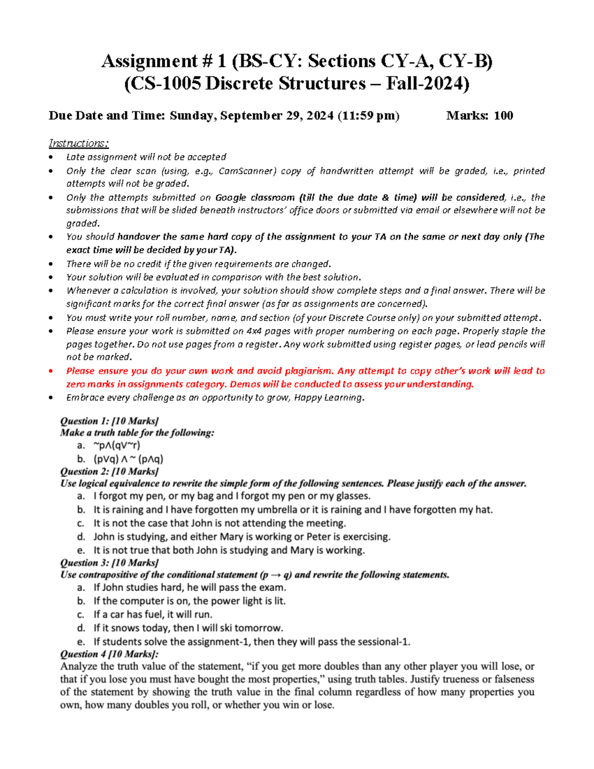 Assignment 1 - Discrete Structures (CS-1005) Fall 2024 Instructions ...