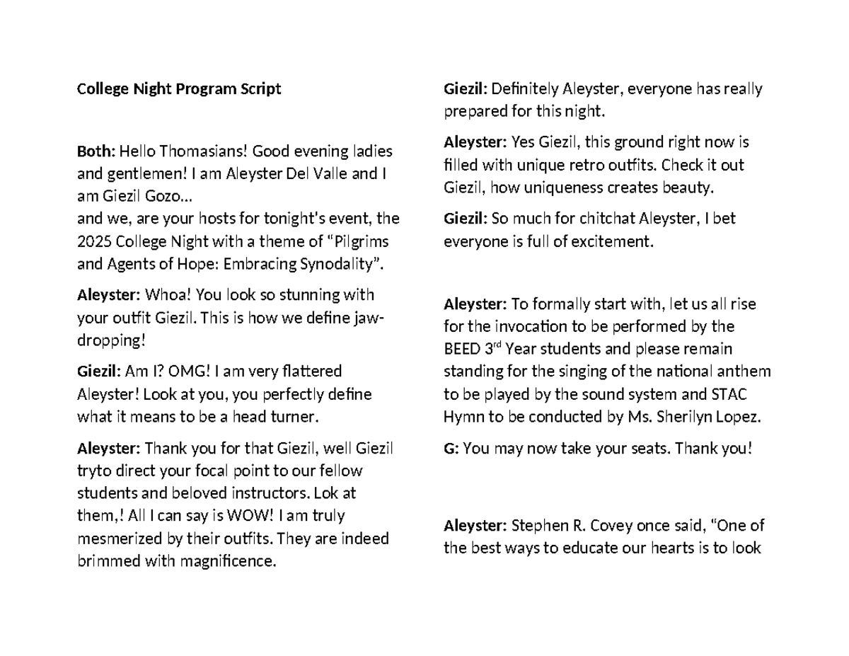 College Night Program Emcee Script - College Night Program Script Both ...