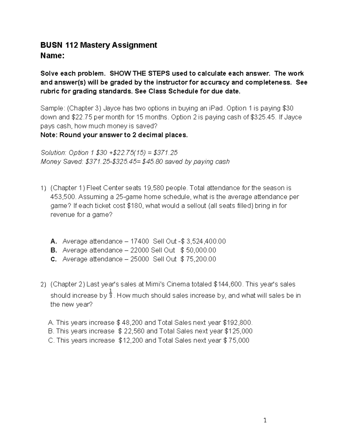 BUSN 112 Mastery Assignment Answer Sheet: Problem Solutions and Steps ...
