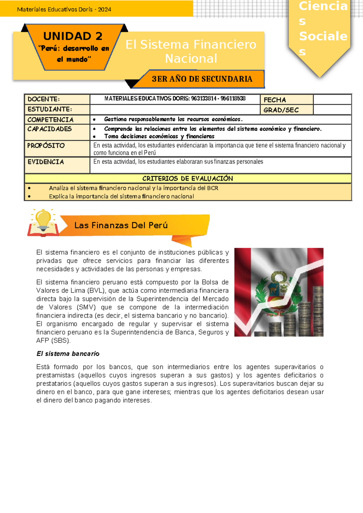 Ficha de Actividad CCSS 3° - Sistema Financiero del Perú - Semana 4 ...