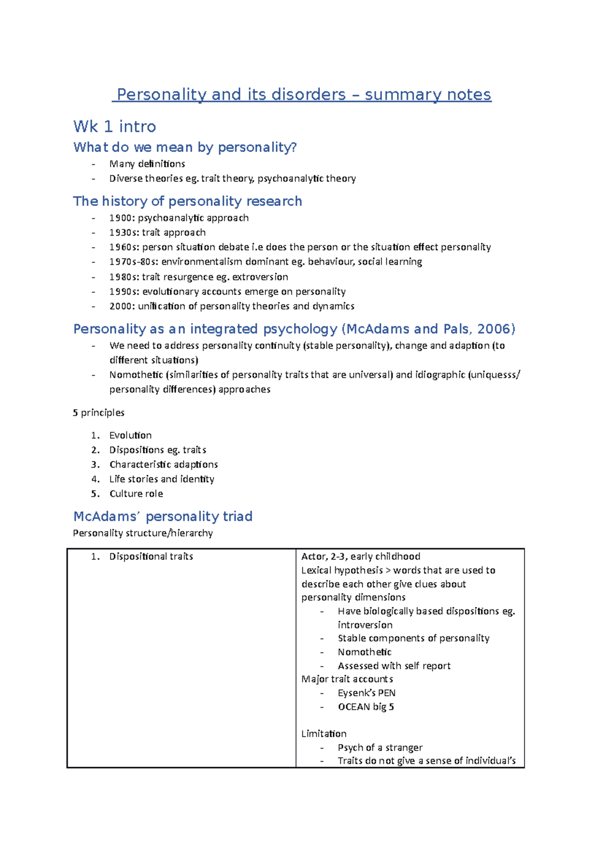 Personality and its disorders summary notes - Personality and its ...