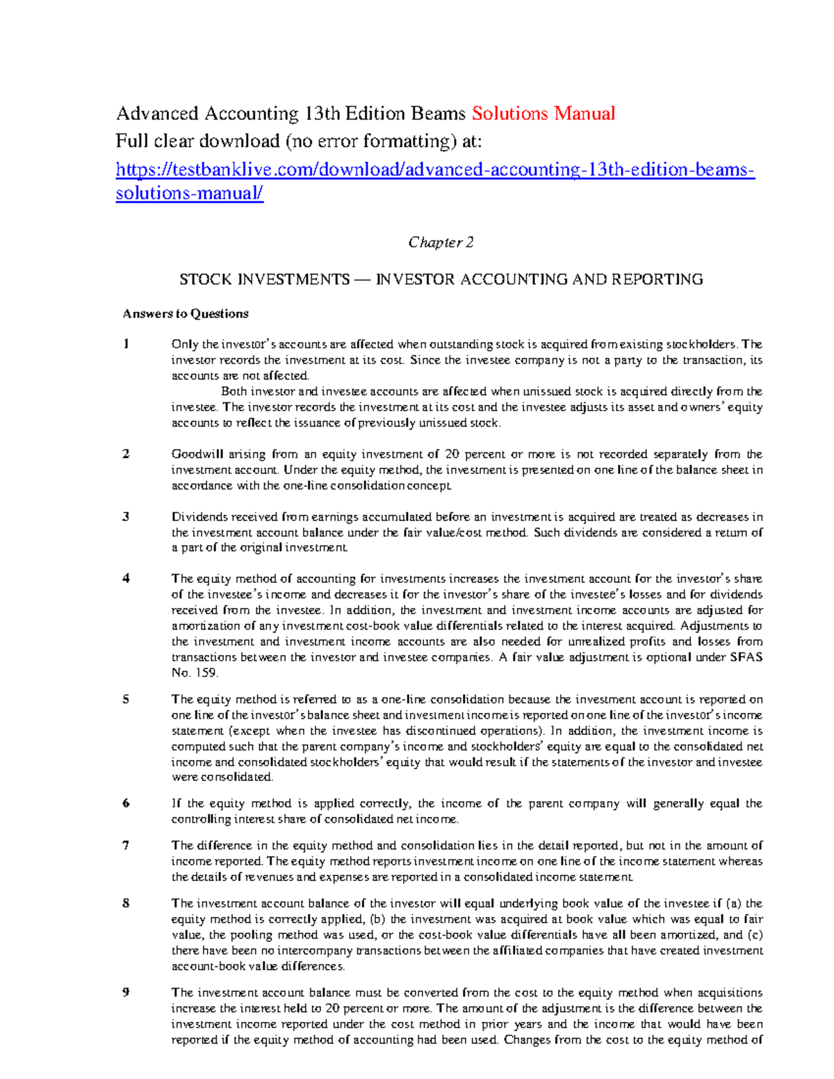 Advanced Accounting 13th Edition Beams: Chapter 2 Investor Accounting Notes - Document Preview