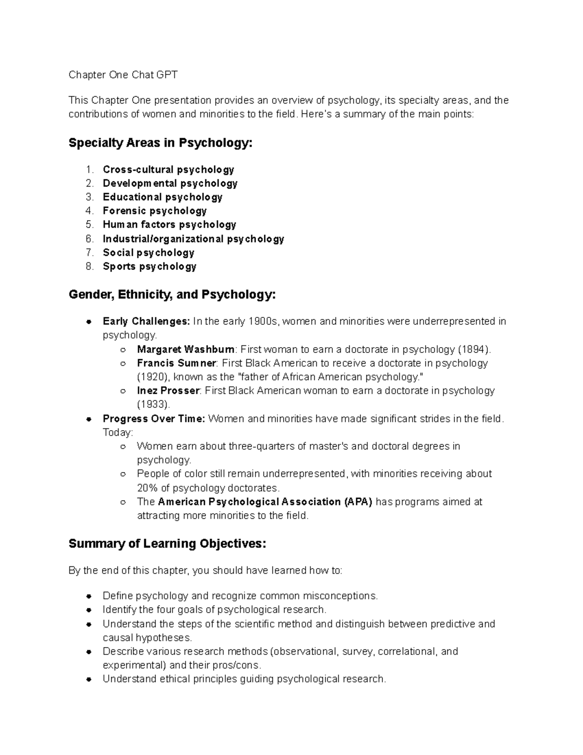 Summary of Chapter One: Intro to Psych (PSY 101) and Key Disorders ...