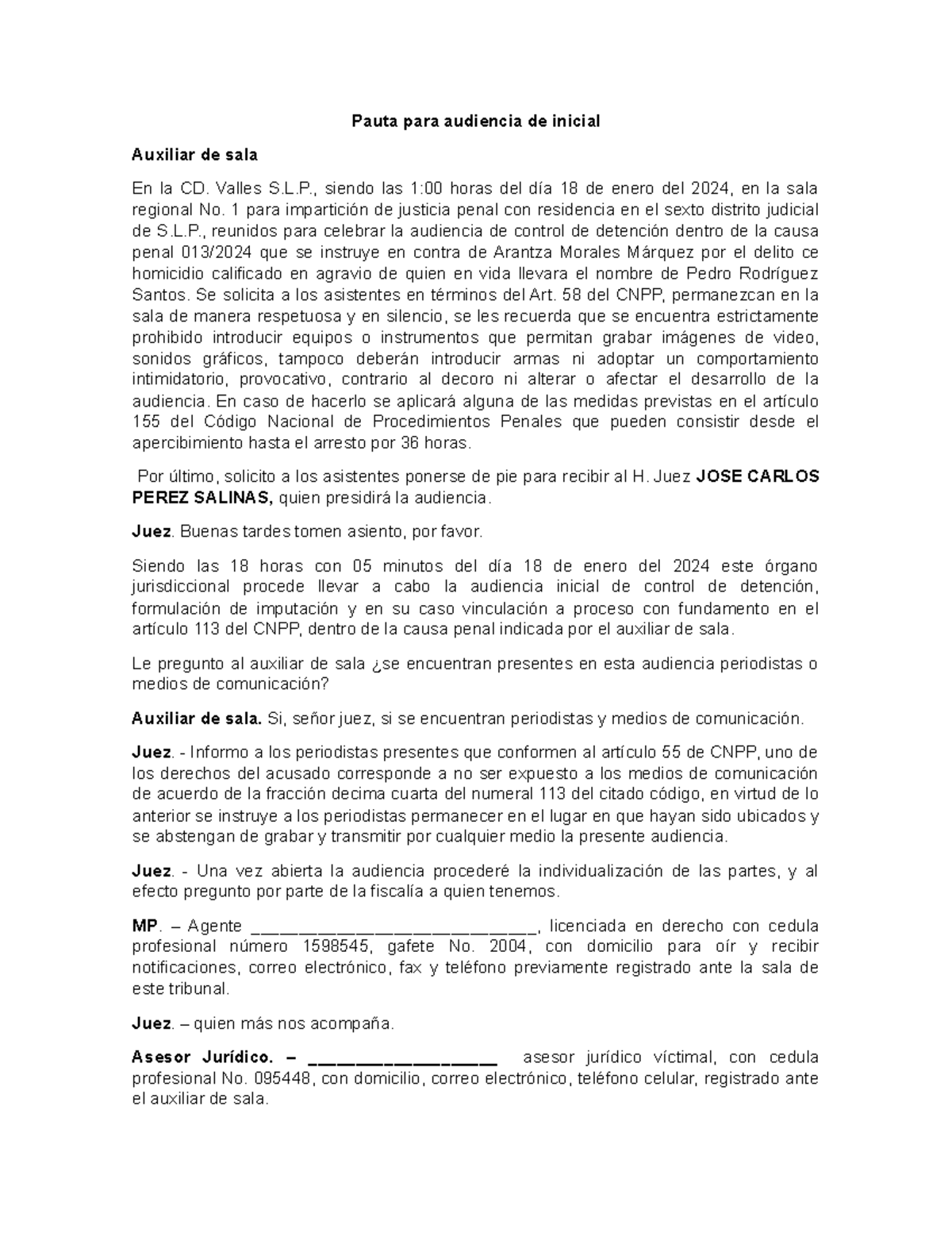 Audiencia Inicial de Control de Detención en la Causa Penal 013/2024 ...