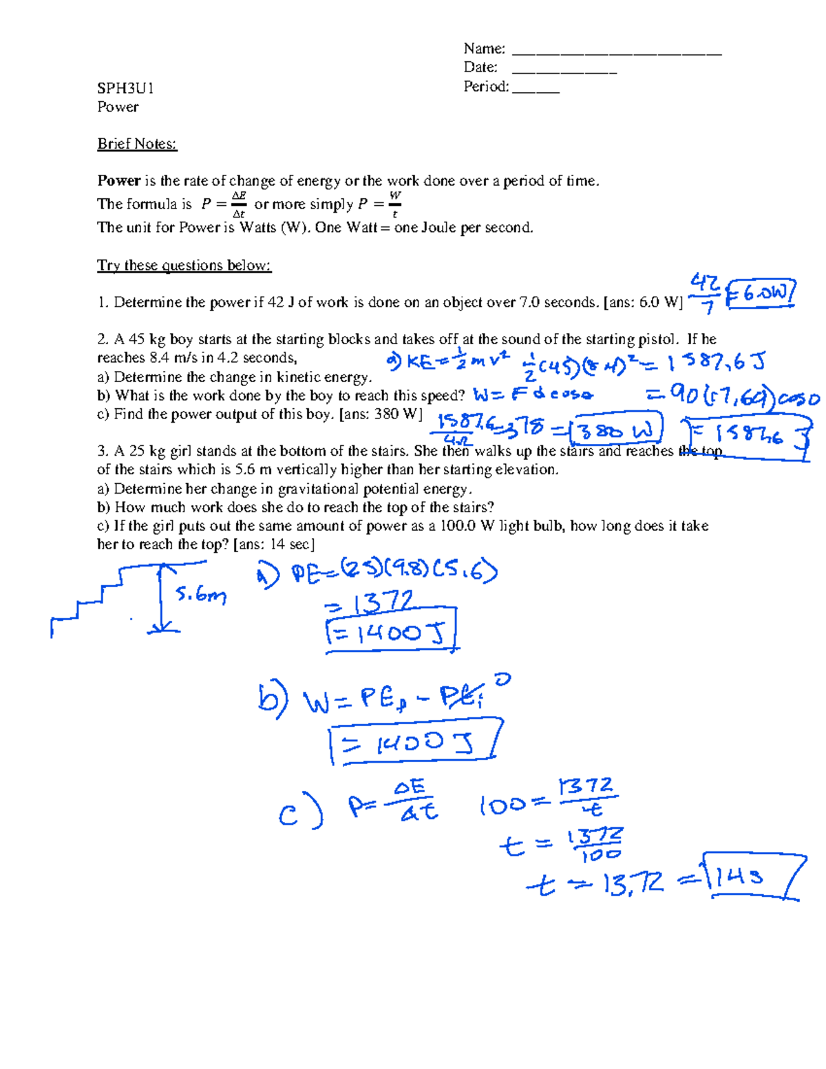 WS07 - SPH3U Power Notes and Sample Questions - Studocu