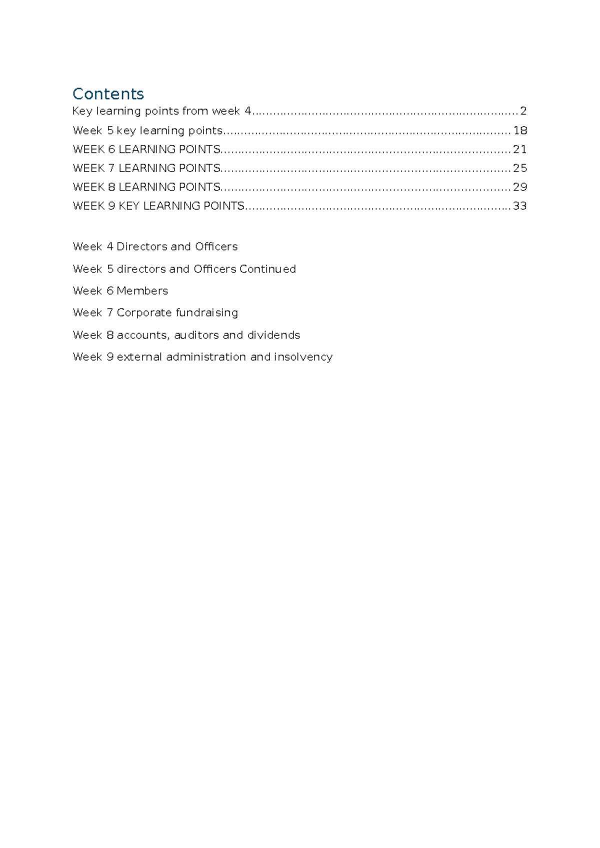 Key Learning Points on Directors and Officers: Weeks 4-9 Overview - Studocu