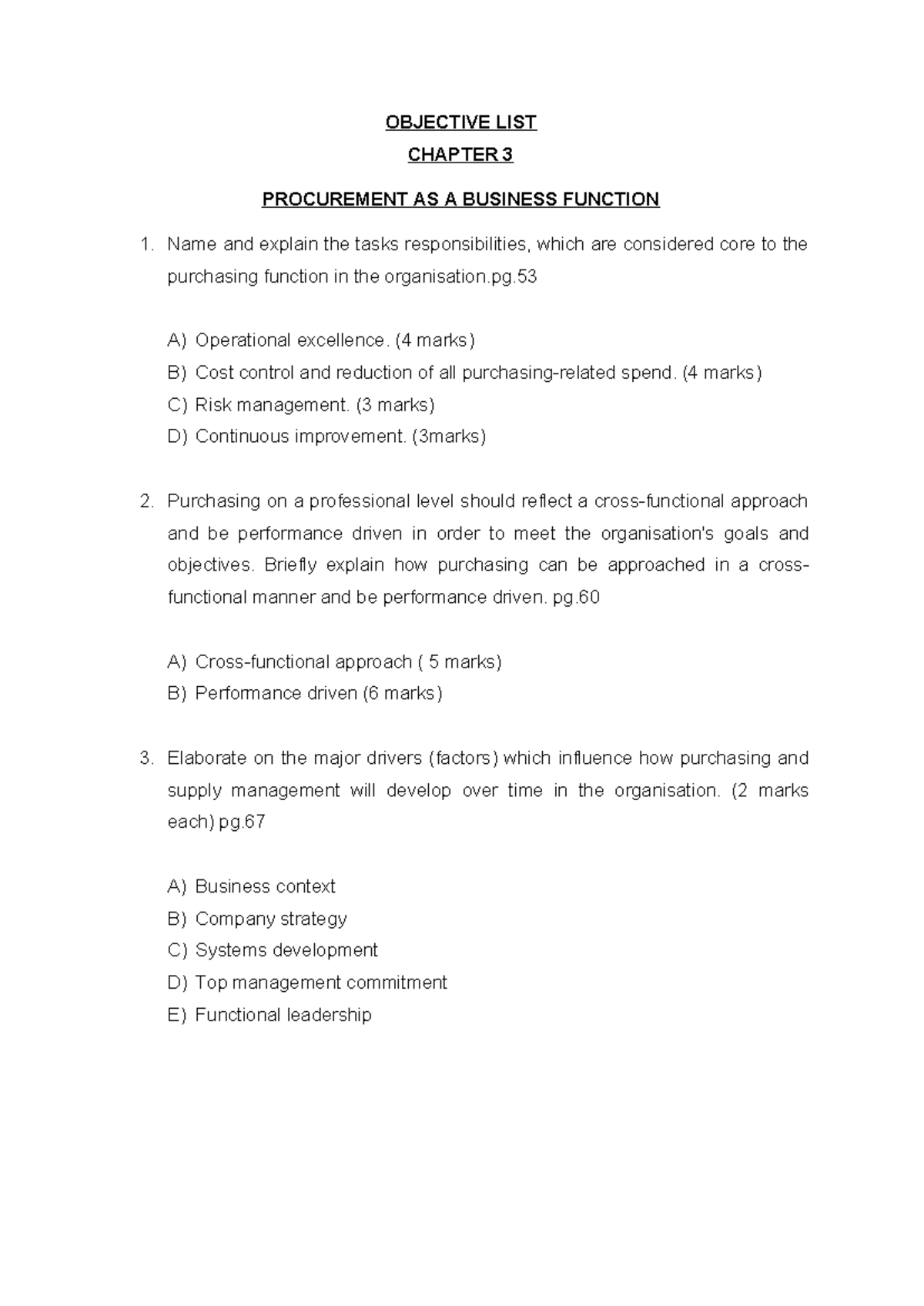 Chapter 3 Objective List: Procurement as a Business Function - Studocu