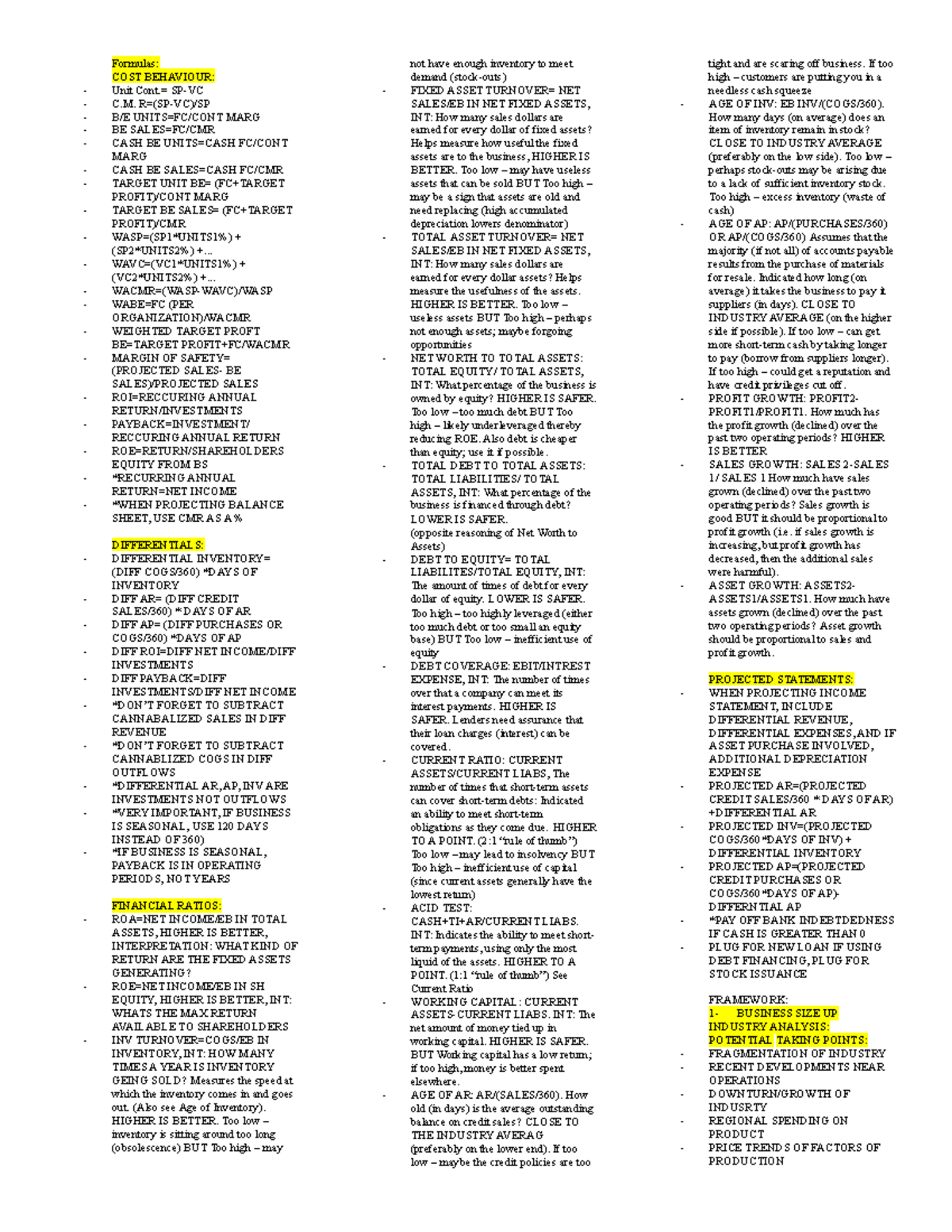 BUS 2257 Final Cheat Sheet: Key Formulas and Financial Ratios - Studocu