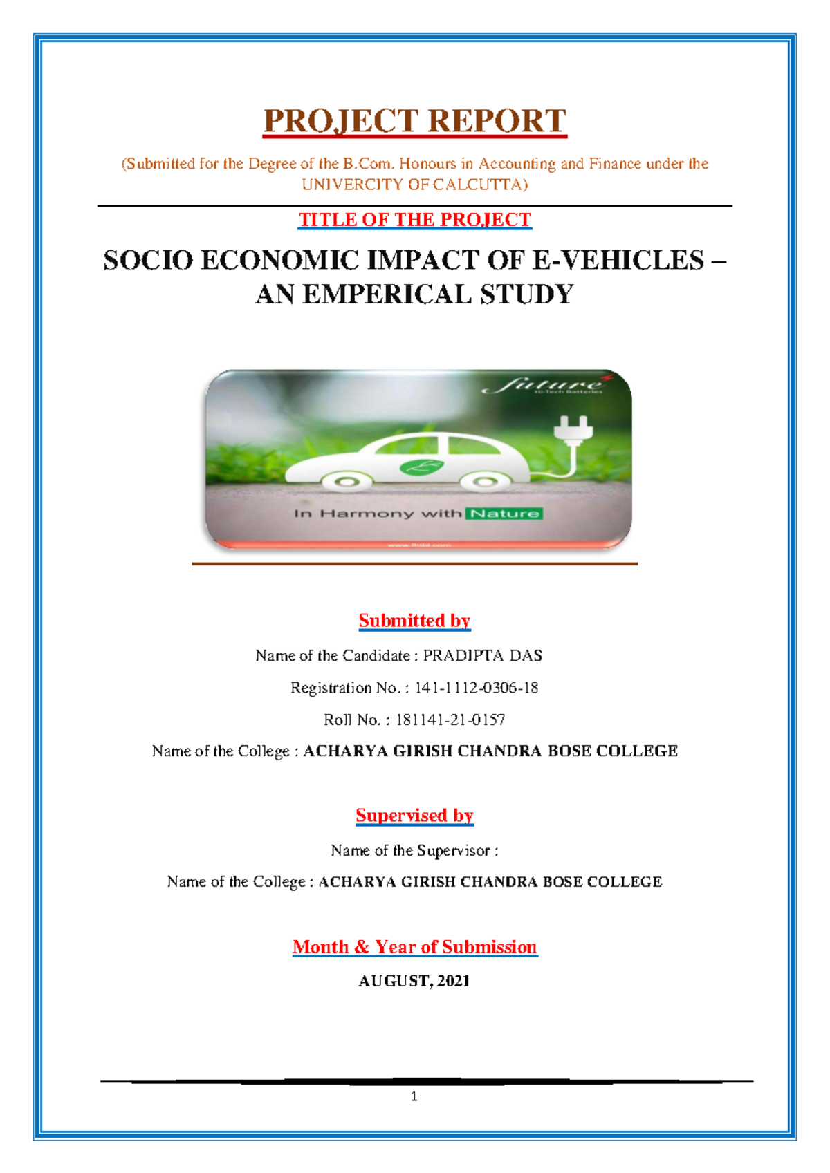 B.Com. Honours Project Report: Socio-Economic Impact Study on EVs - Studocu
