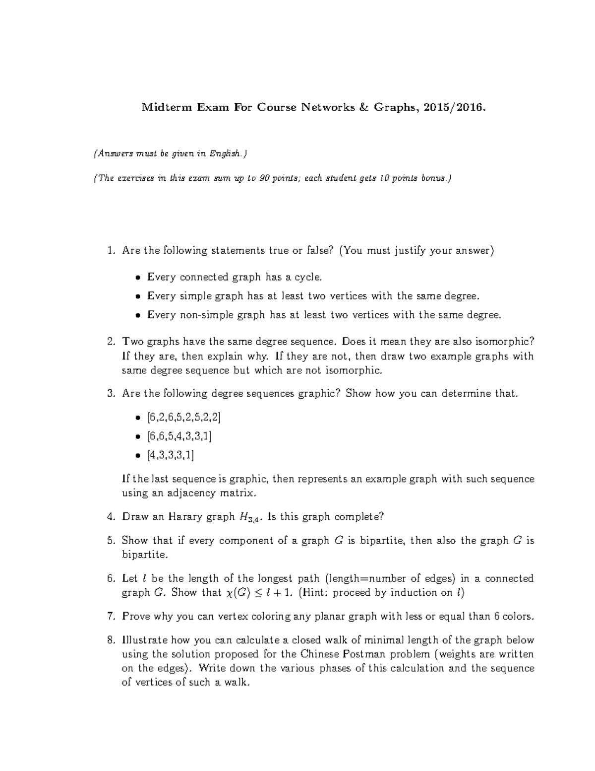Midterm Exam: Networks & Graphs (2015/2016) - Question Overview ...