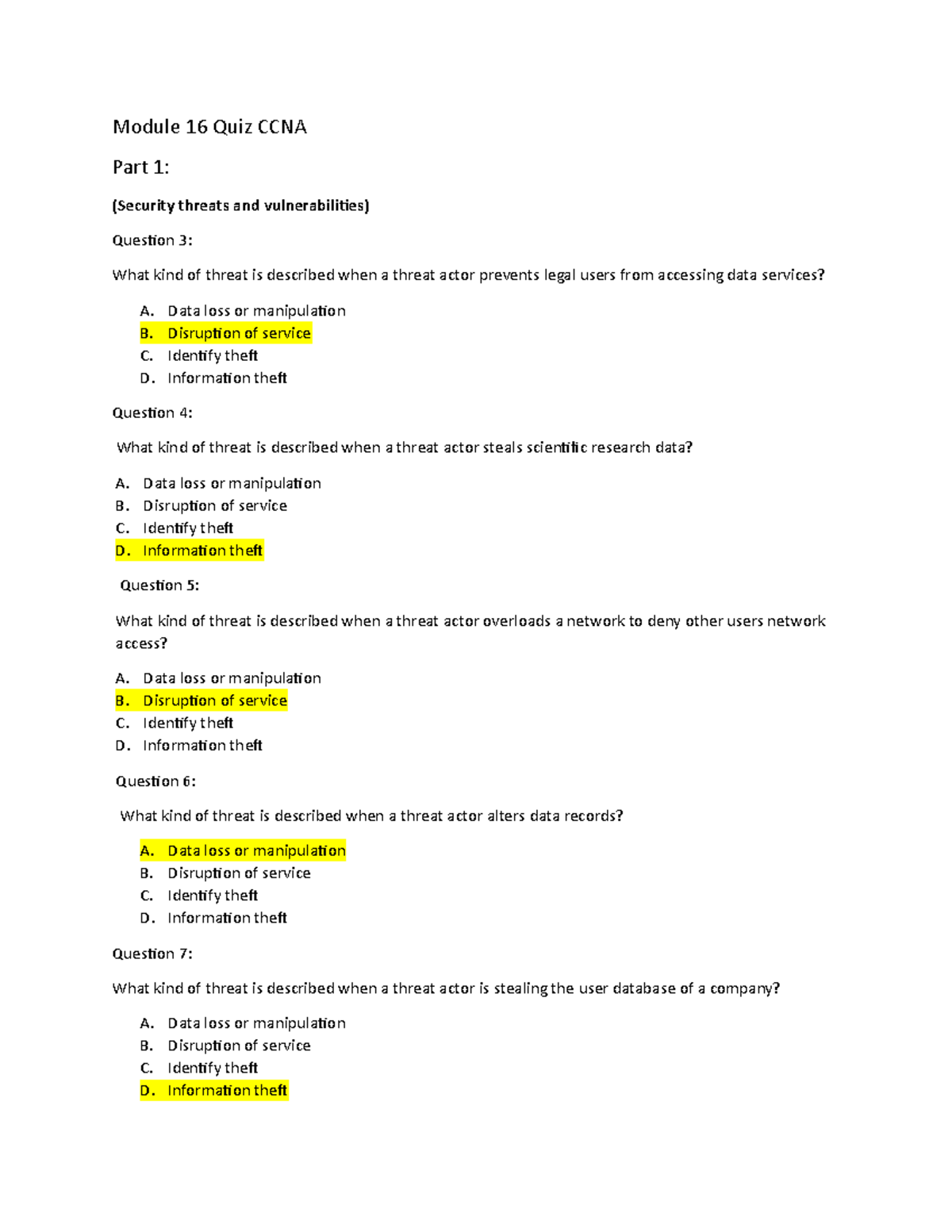Module 16 Quiz CCNA: Security Threats &amp; Network Attacks Practice - Studocu