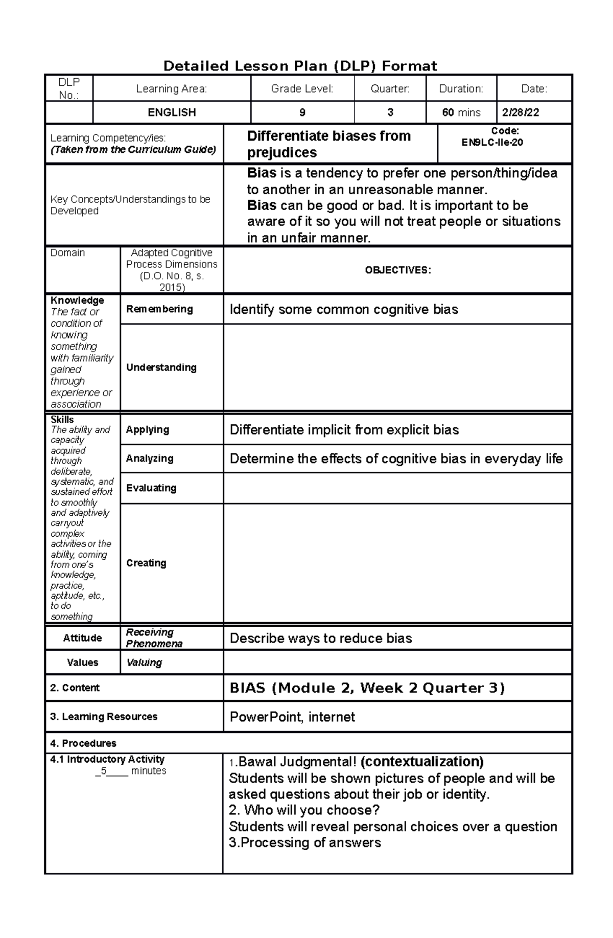 COT-DLP 21 - Comprehensive Lesson Plan on Biases vs. Prejudices - Studocu