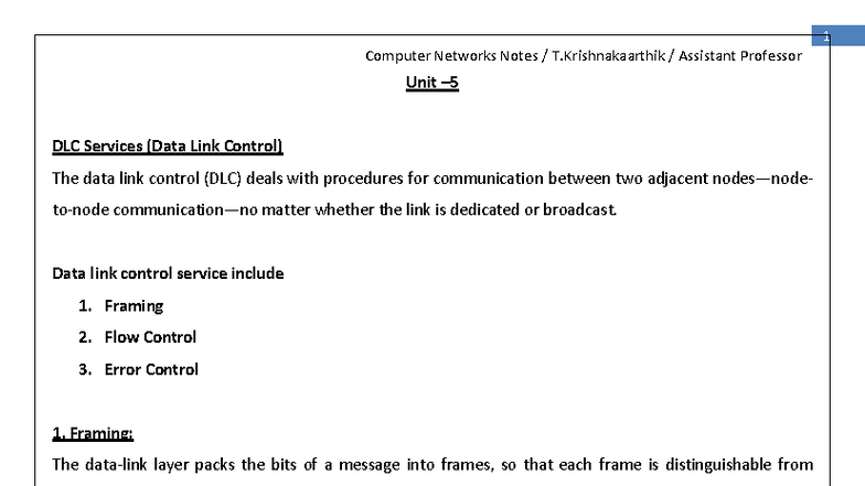 CN Unit 5: Data Link Control (DLC) Notes by T. Krishnakaarthik - Studocu