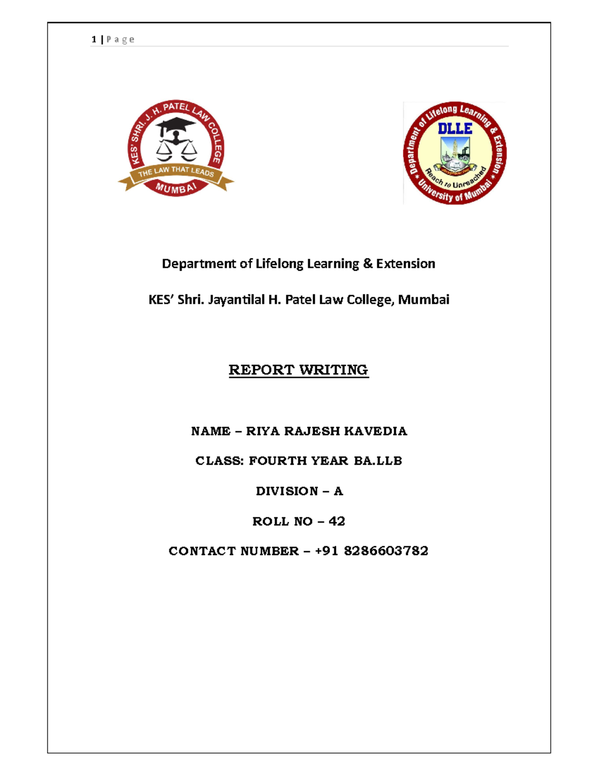DLLE Report: Final Submission by Riya Rajesh Kavedia, 4th Year BA - Studocu