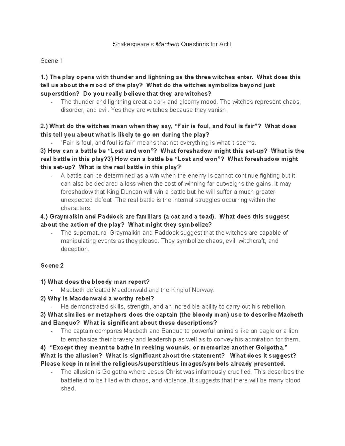 ACT I Questions - Landon Wilkerson - Shakespeare’s Macbeth Questions ...