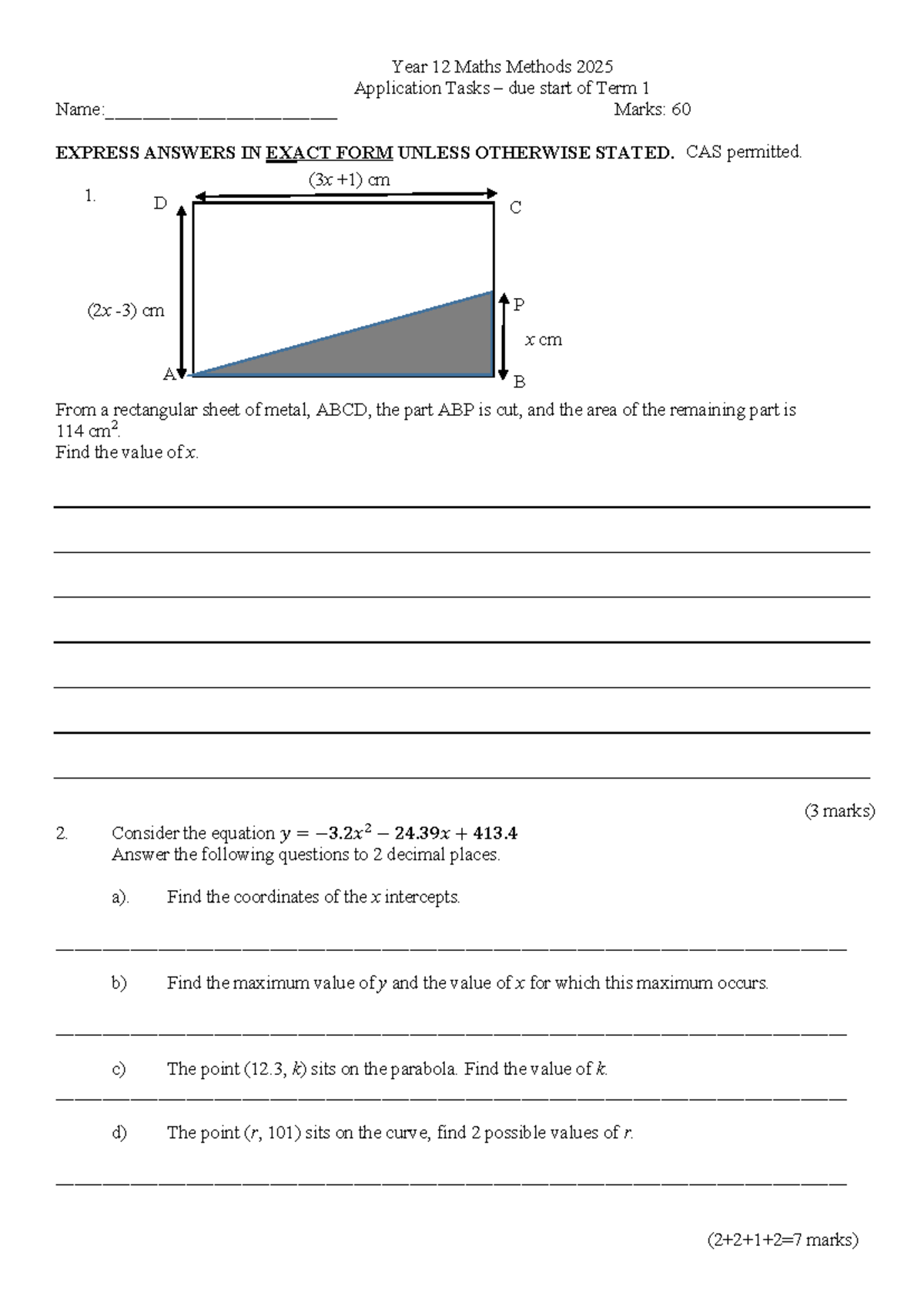 Year 12 Maths Methods 2026 Application Tasks - Term 1 Assessment - Studocu