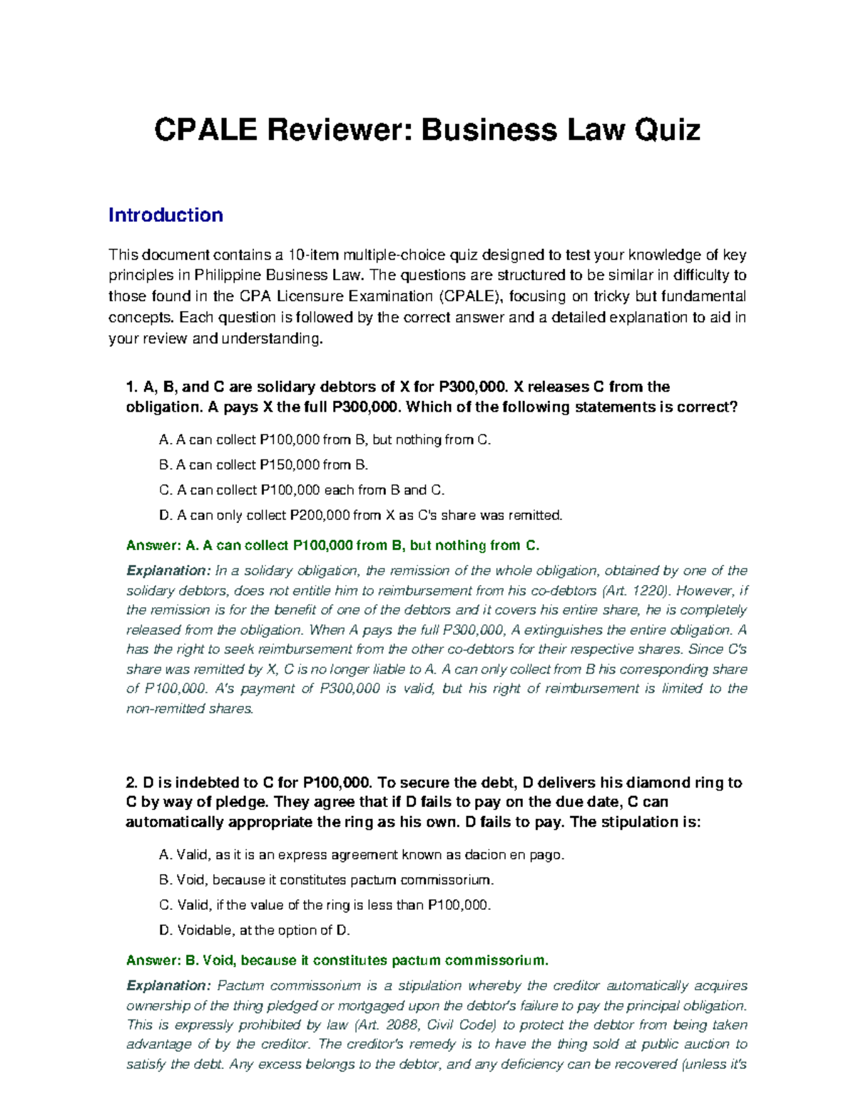 CPALE Reviewer: Business Law Quiz Sample Problems - Studeersnel