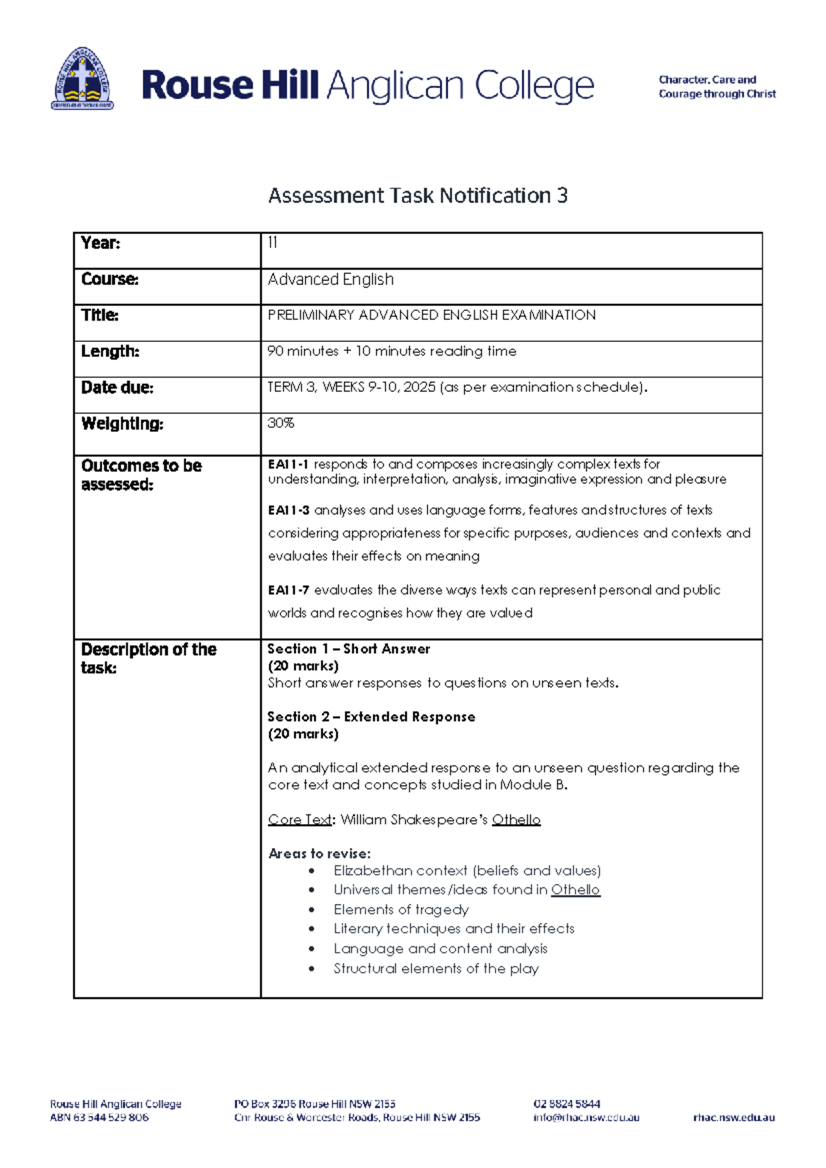 Eng Adv Prelim Exam Task Notification 3 - Year 11 - Studocu