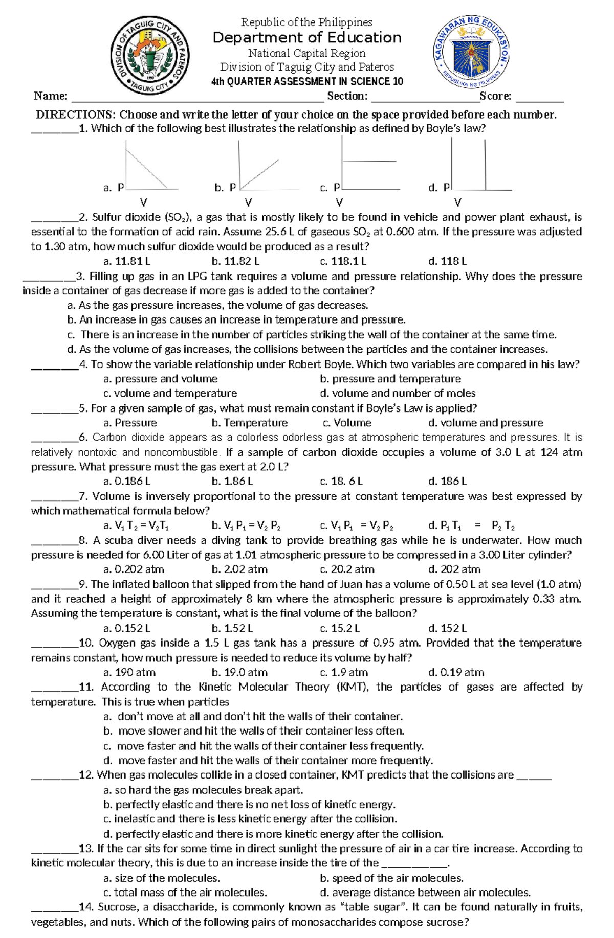 Q4 Science 10 - Assessment on Gas Laws and Chemical Reactions - Studocu