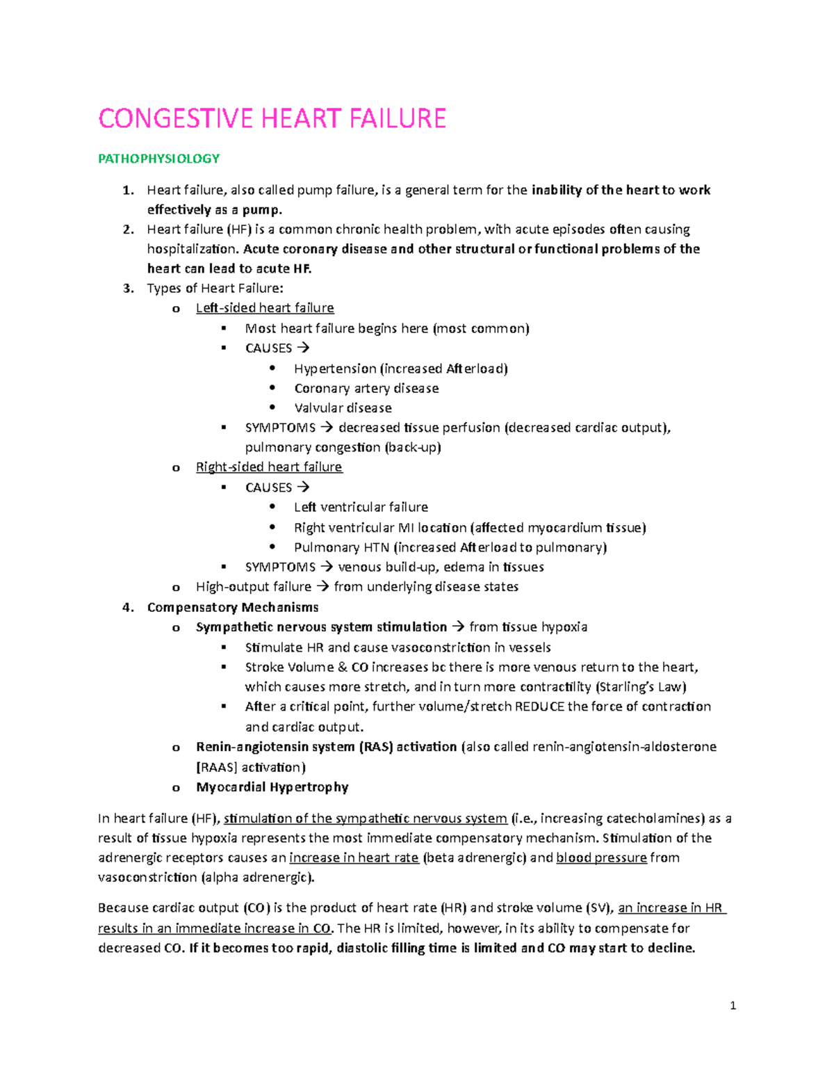 NSG 210 Lecture Notes on Congestive Heart Failure (CHF) Pathophysiology ...