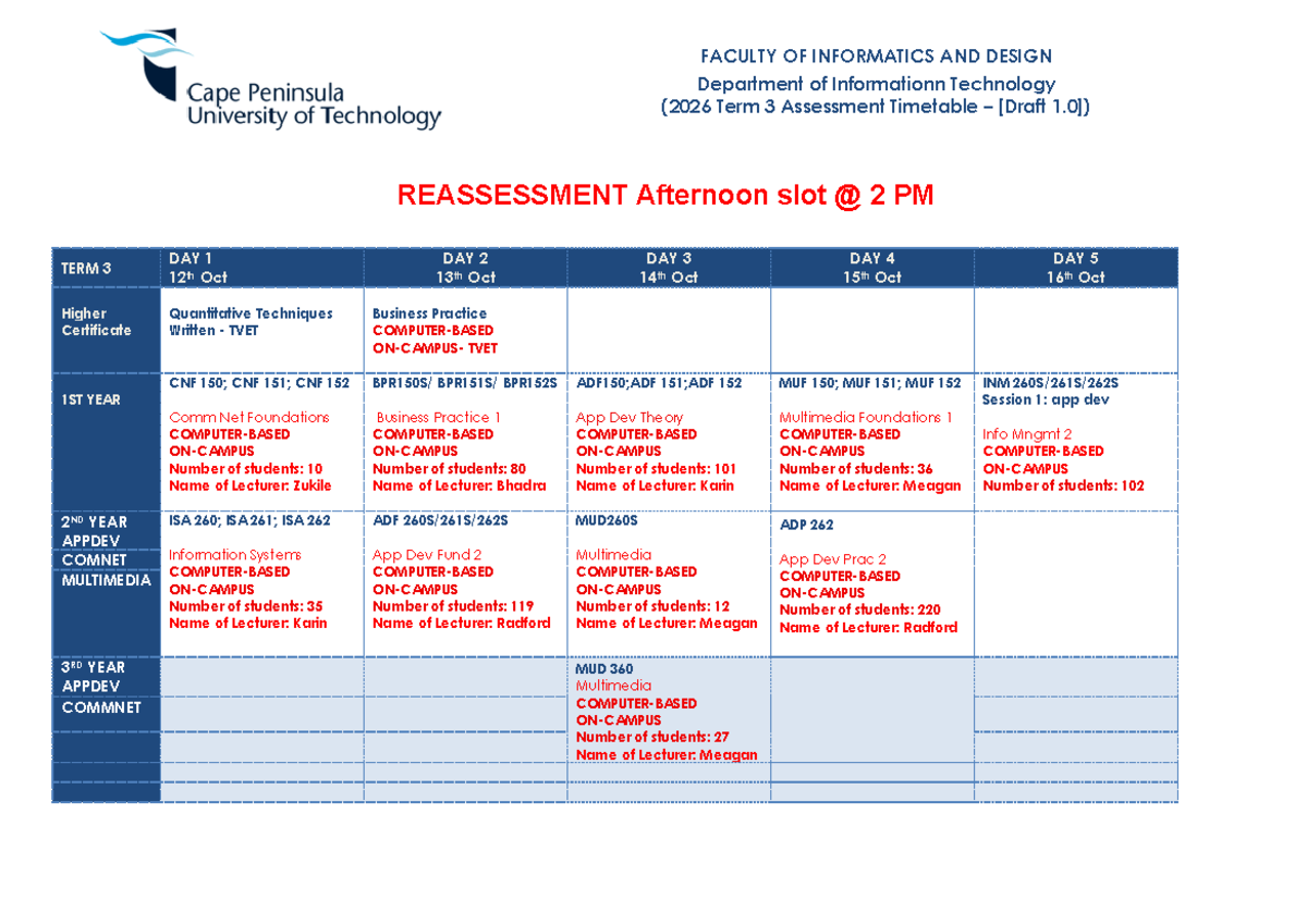 2026 Term 3 Re-Assessment Timetable for IT Courses - Studocu