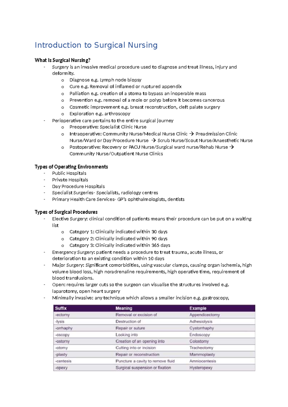 Module 1: Overview of Surgical Nursing and Perioperative Care - Studocu