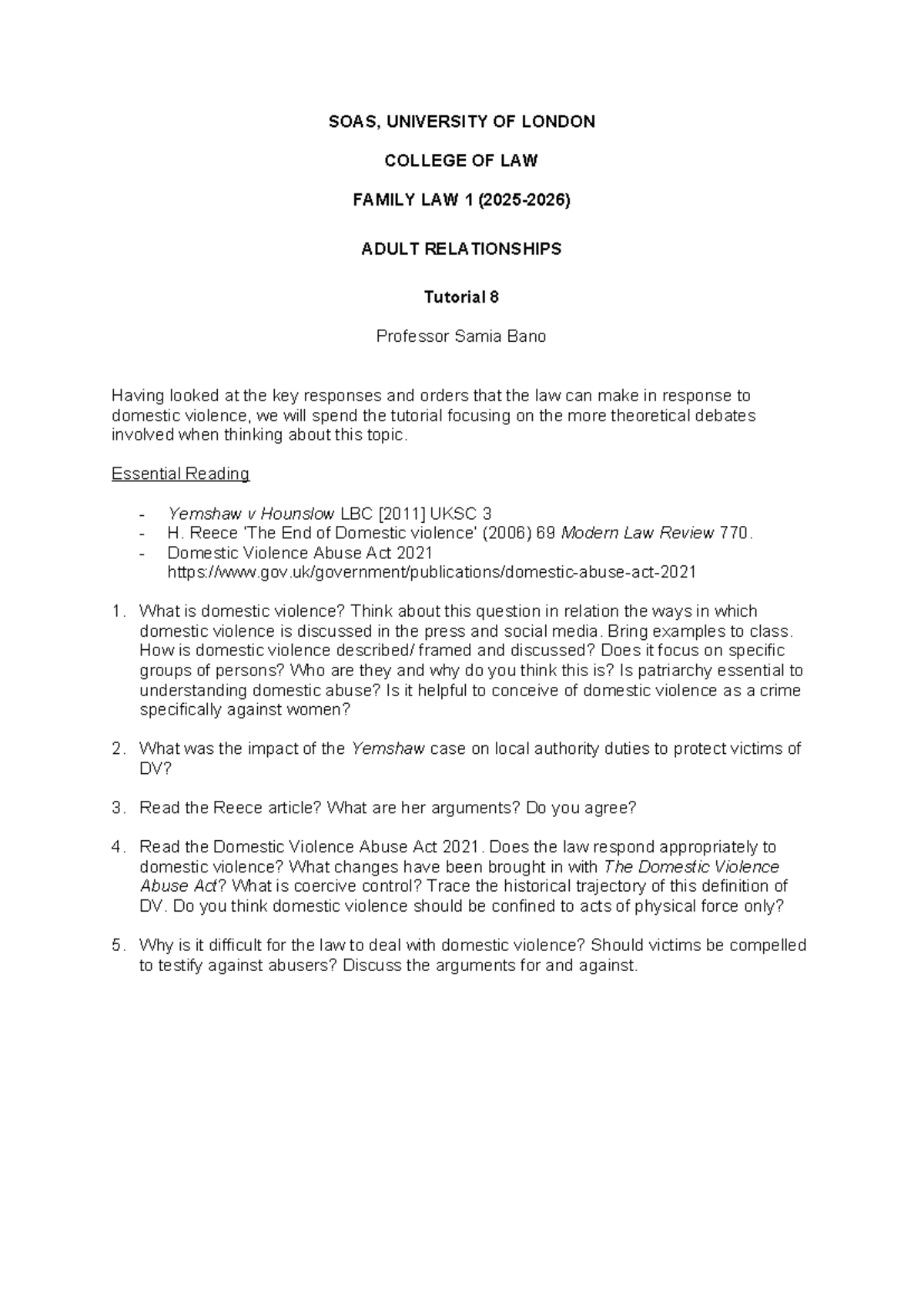 FAMILY LAW 1: TUTORIAL 8 - DOMESTIC VIOLENCE DEBATES - Studocu