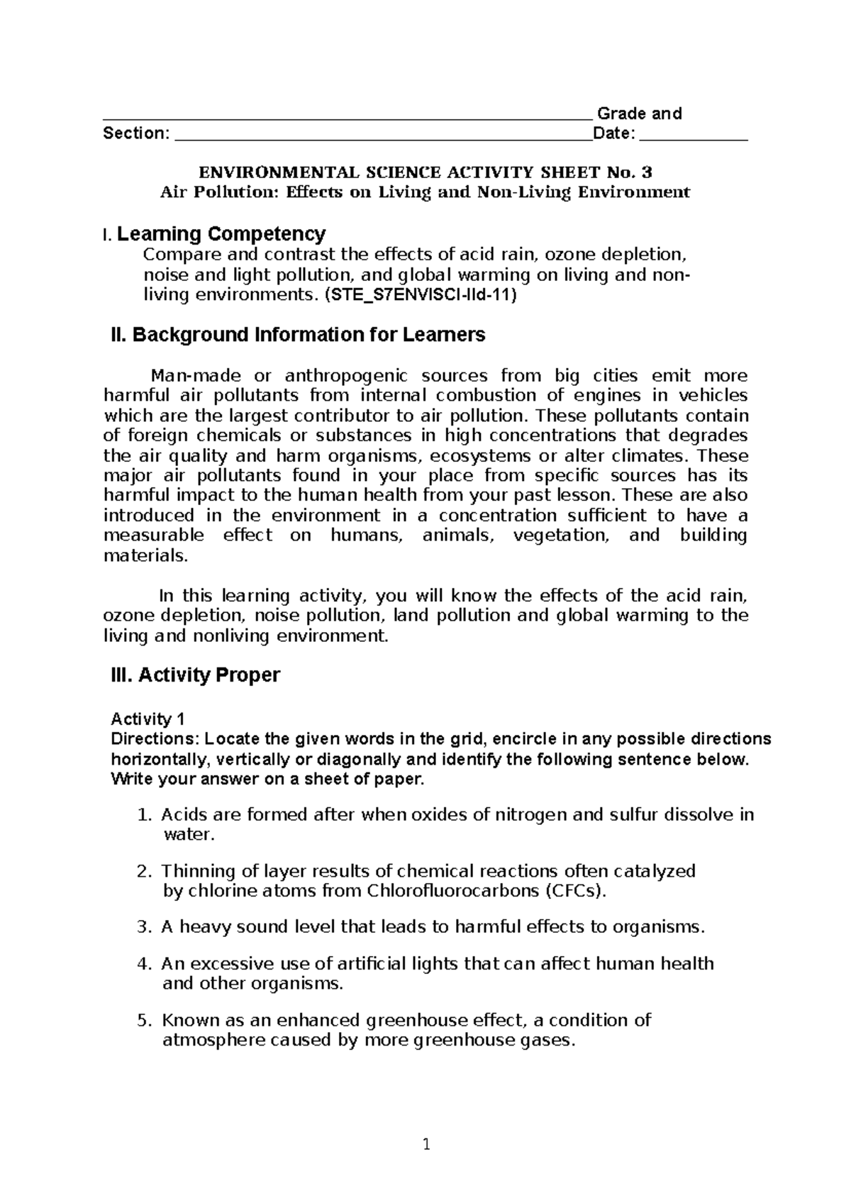 LAS Envi Sci Grade 7 MELC 2 Q2 Week-3 - Grade and Section: Date ...