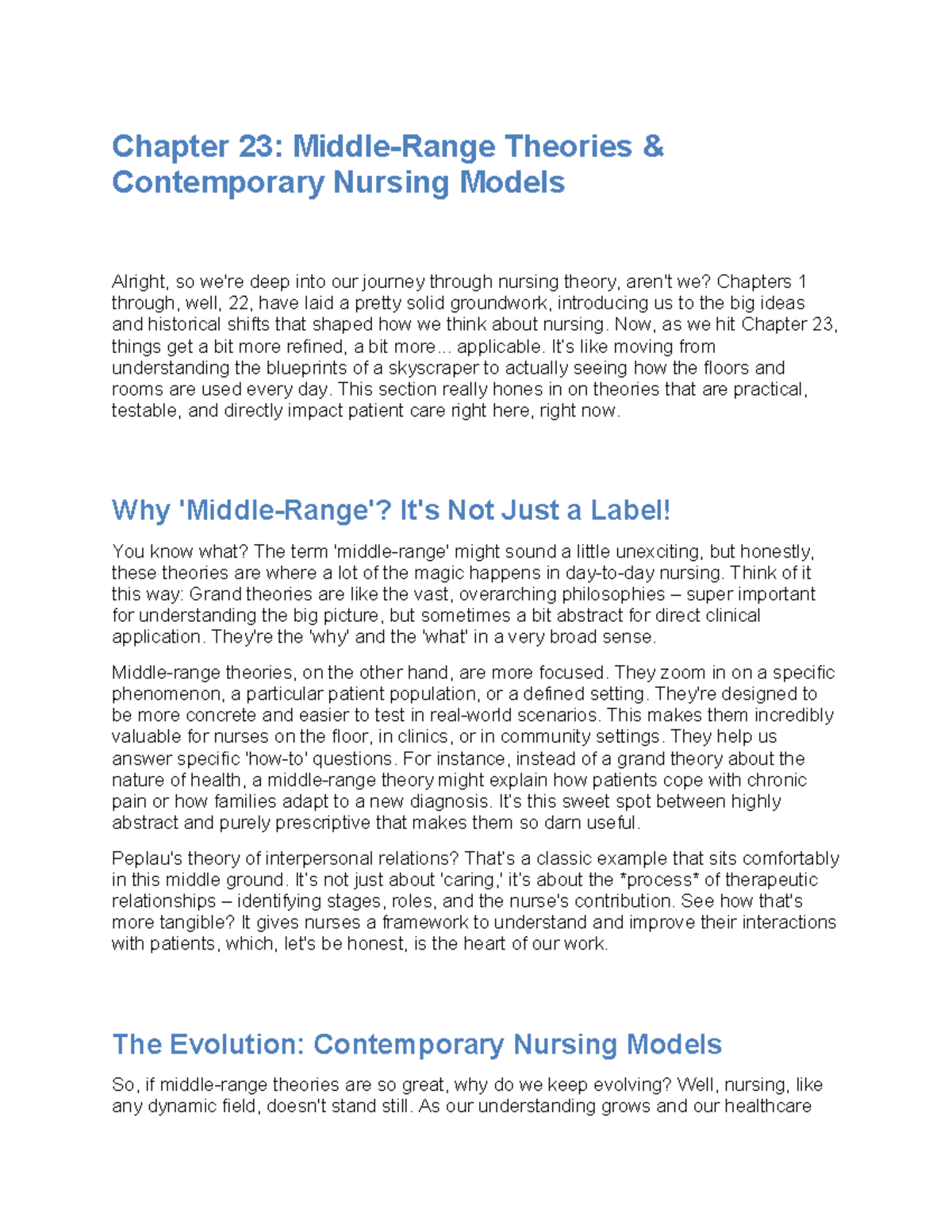 Nursing Theory Chapter 23: Contemporary Models and Their Impact - Studocu