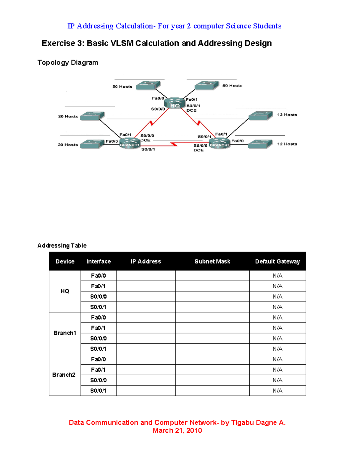 Chapter 2 Classwork 3: VLSM IP Addressing Design & Calculation - Studocu