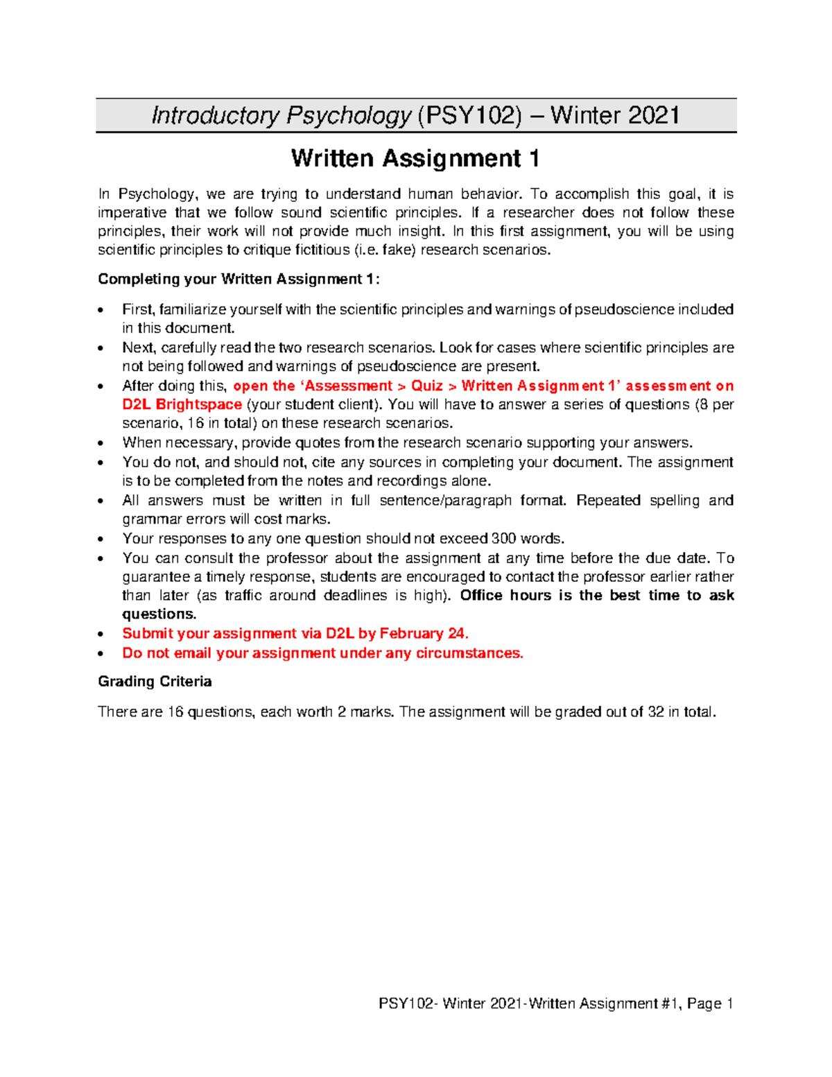 Assignment 1 - PSY102 - Winter 2021 - Introductory Psychology (PSY102 ...