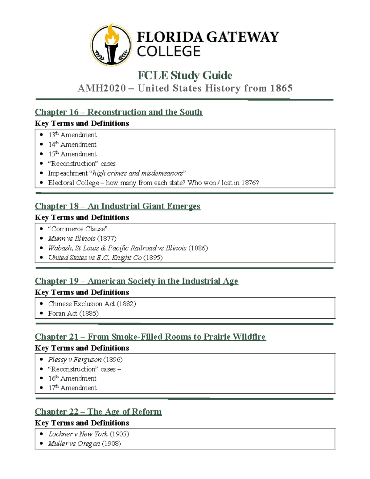 FCLE Study Guide AMH2020: Key Terms from Reconstruction to Watergate ...