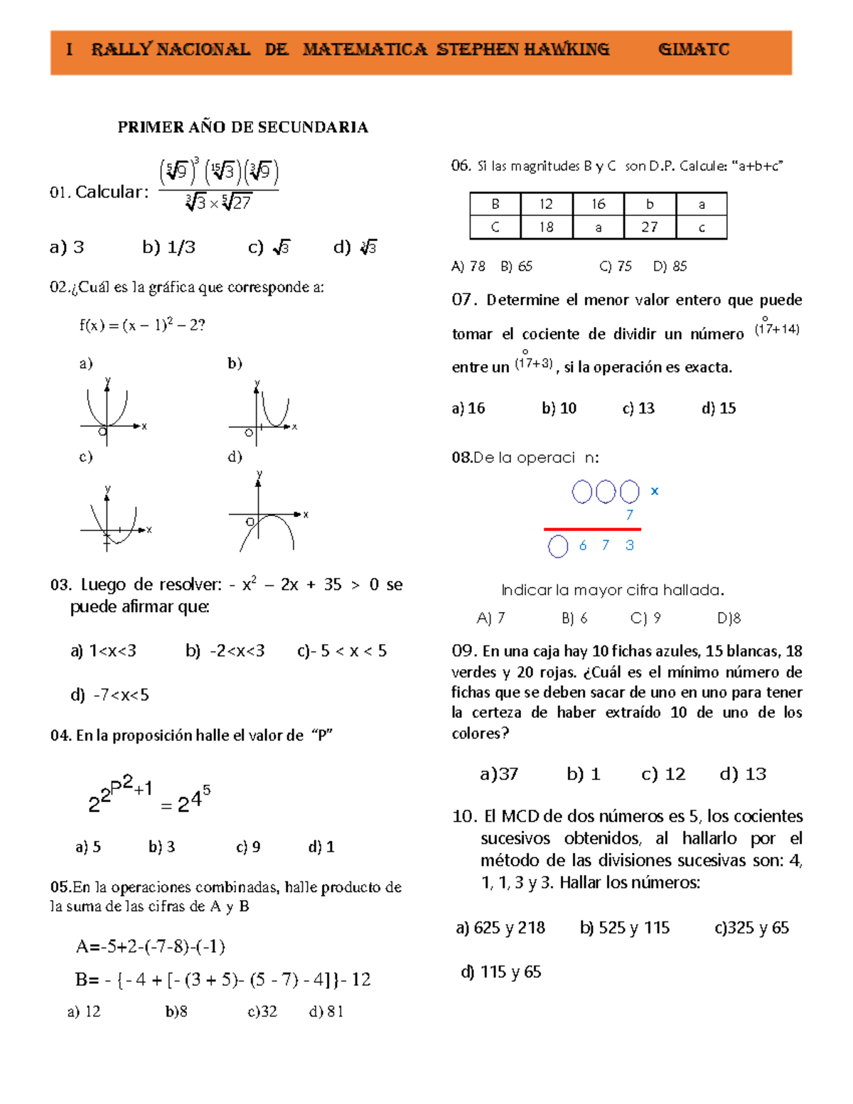 PRIMER AÑO SECUNDARIA 9 3 9 3 5 01: Ejercicios de Matemáticas - Studocu