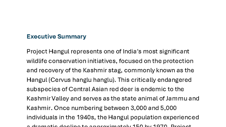 Project Hangul: Executive Summary on Kashmir Stag Conservation - Studocu